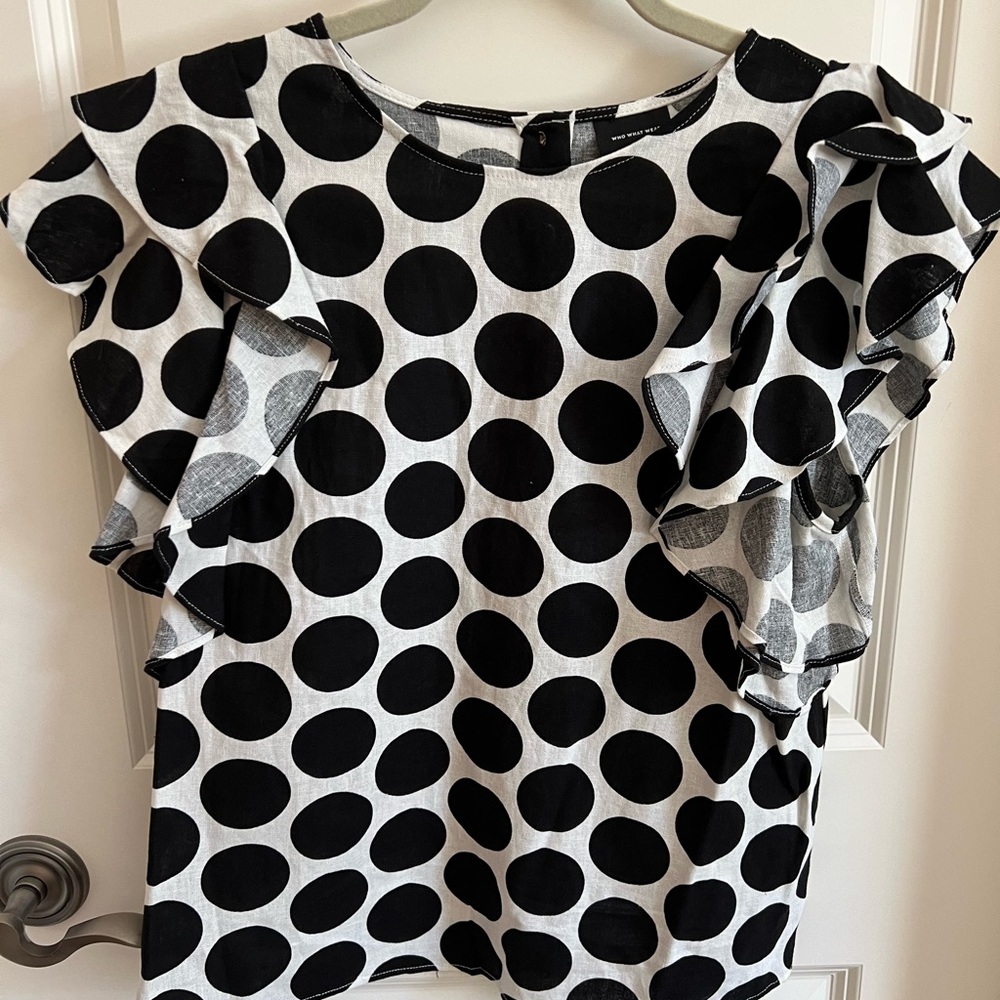 Who What Wear Linen Blouse Black & White Ruffle Sleeves